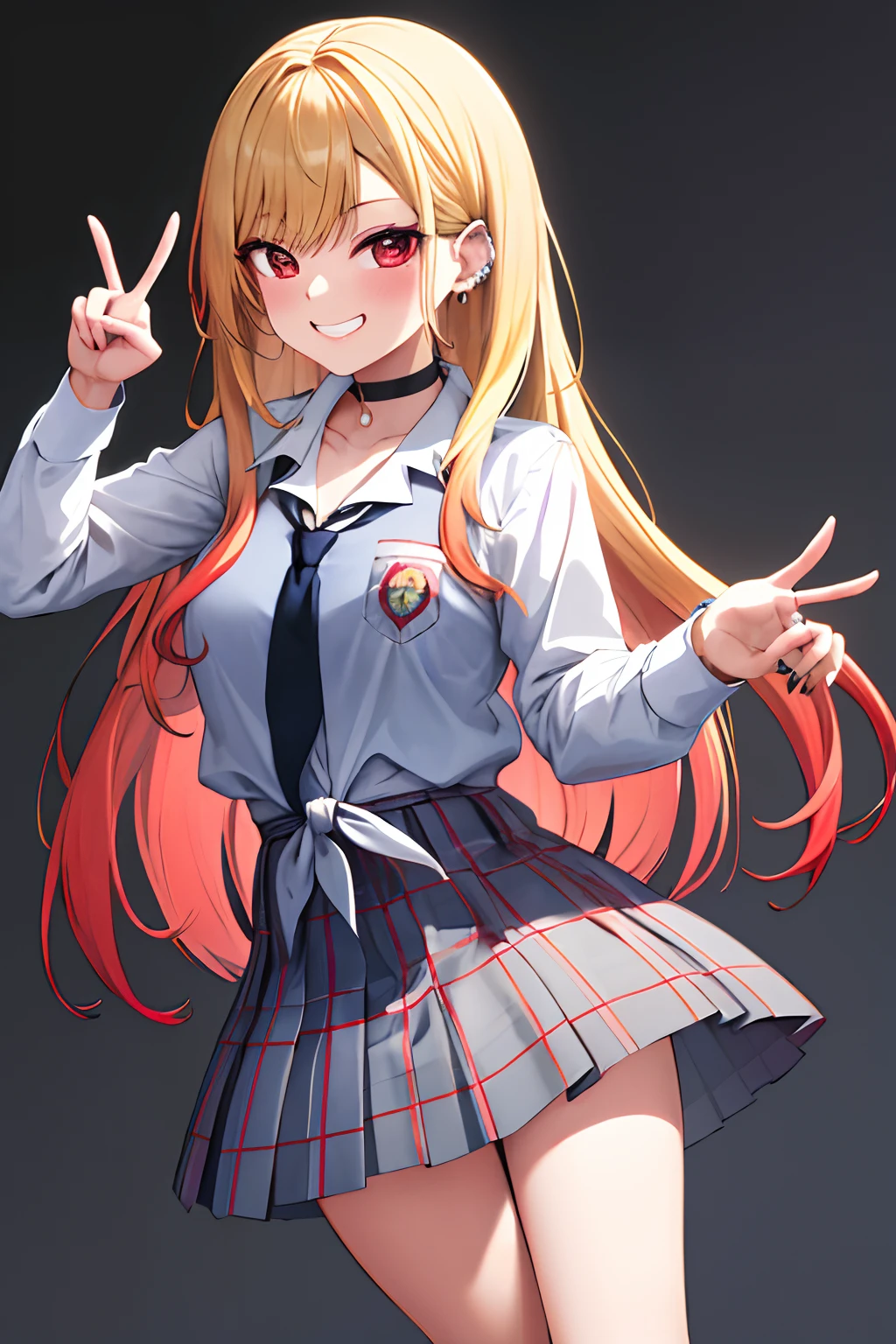 masterpiece, best quality, highres, kitagawa marin, 1girl, blonde hair, long hair, multicolored hair, red eyes, jewelry, earrings, piercing, school uniform, white shirt, tied shirt, black choker, blue necktie, plaid skirt, leaning forward, grin, peace sign