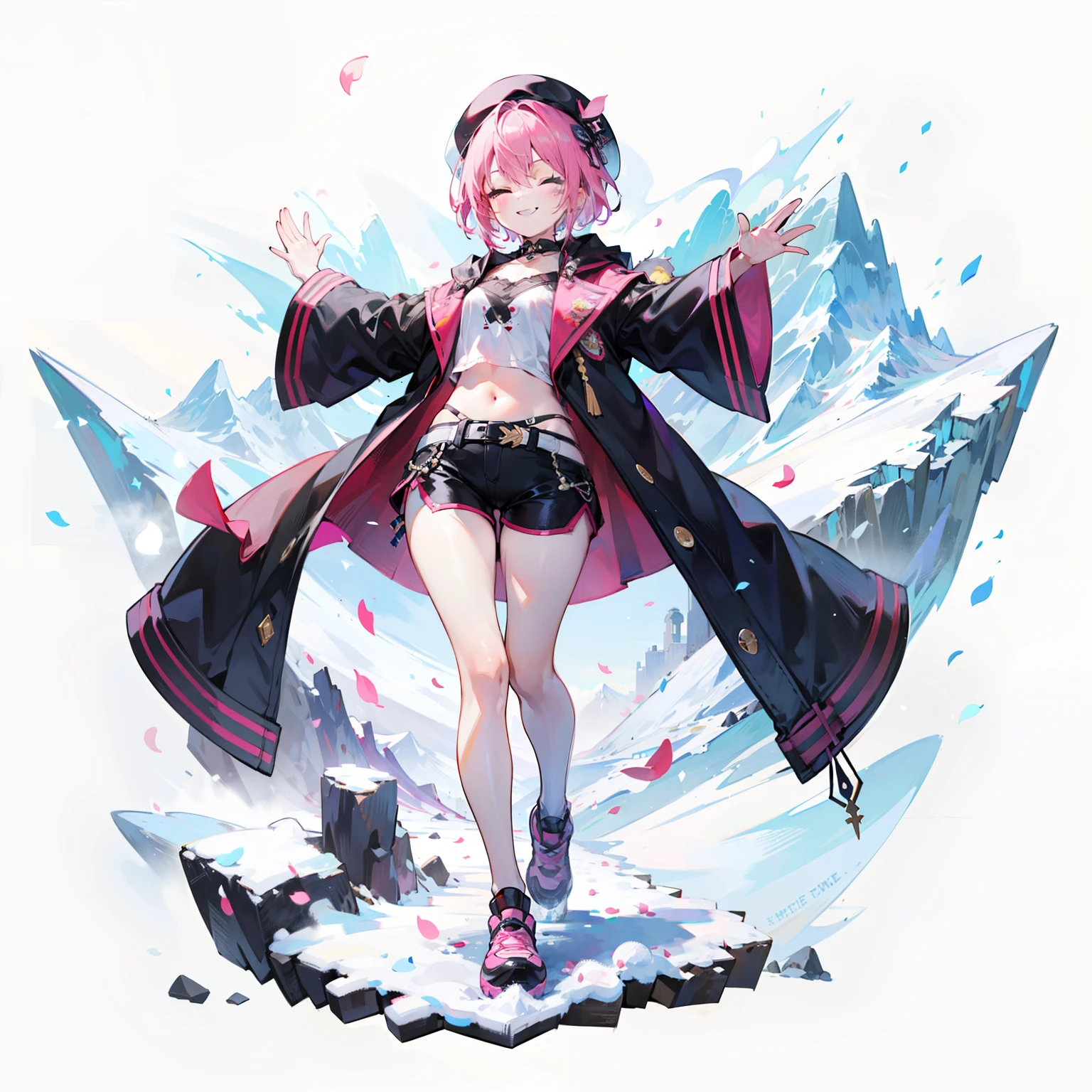 1girll，独奏，[[[full bodyesbian]]]，standing on your feet，（pink short hair），(Heads-up)，（beret），（Pink and black punk jacket） ，（（Short hot pants）），ssmile，Waving，((Squint and smile))，[White background 1：：5]，flatchest，Toddler body type，Short height,Small size for children，Raise your arms high，petals，snow mountains