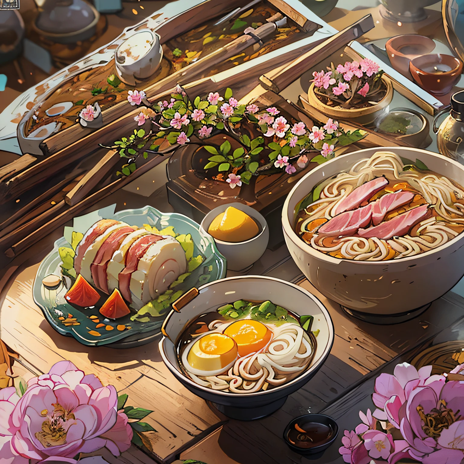 one big Ramen whit half boiled egg, slice of boiled ham,
Food stick
(still life), (japanese autumn, sacura blossom, rock garden, bonsai)
fog, haze, high detail, ultradetailed, intricately detailed, fine details, hyperdetailed, cinematic, hyperrealistic, 
hyper realism soft light, studio lighting, diffused soft lighting, shallow depth of field, sharp focus bokeh,
raytracing, subsurface scattering, diffused soft lighting, 
ultradetailed, (intricately detailed, fine details, hyperdetailed), cinematic, hyperrealistic,
(poster:1.6)