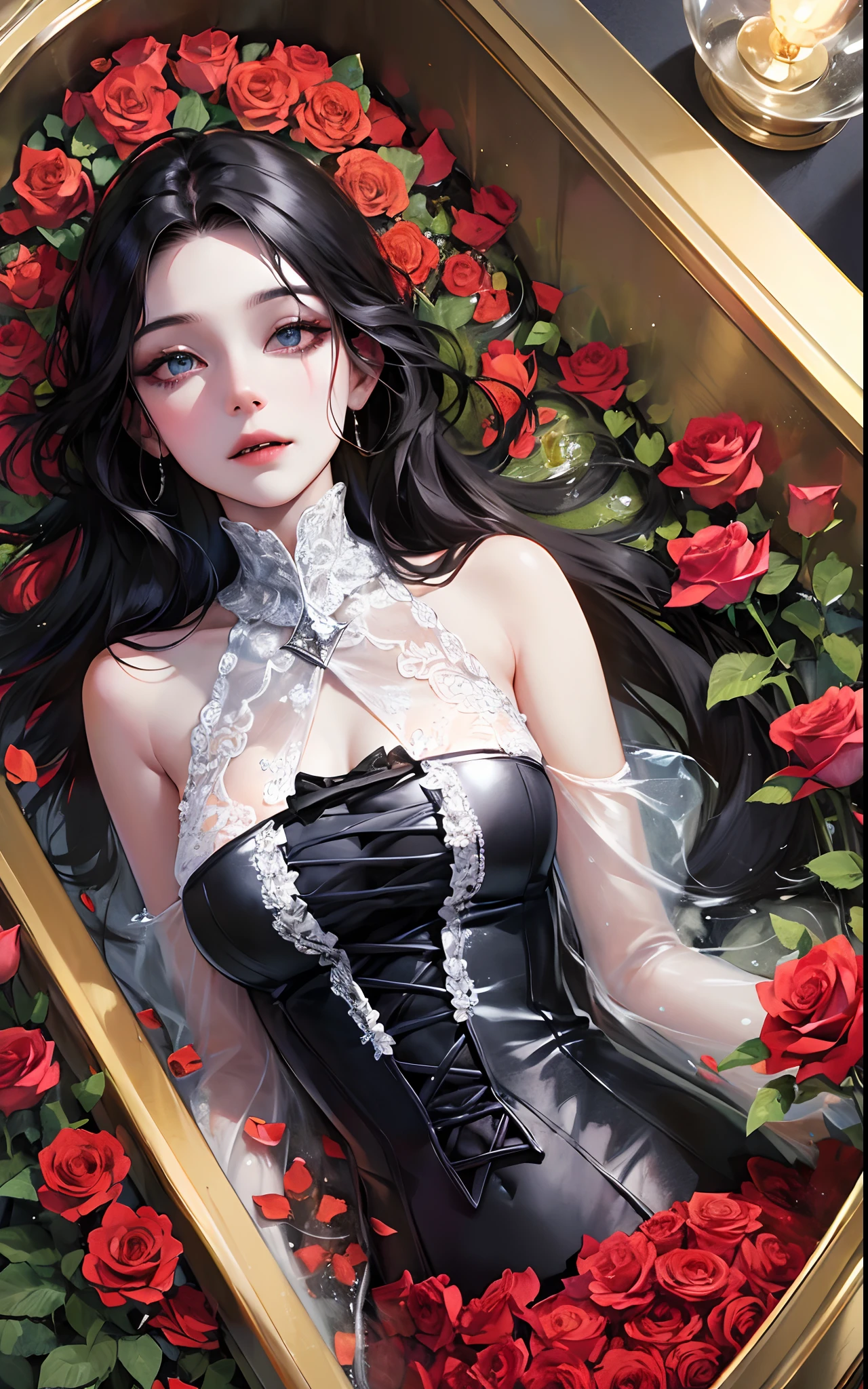 (((transparent vampire coffin with closed lid))) , (long coffin), girl locked in the coffin, seabed in the background, ((crystal)), gold cross, golden details, roses inside the coffin, rose thorns, ocean in the background, moonlight, coffin submerged in the sea, closed coffin with glass walls, closed lid, (((sarcophagus))), 1girl, adult woman, black hair, long hair, blue eyes, black victorian dress, flowing elegant dress, inside a coffin made of glass, full body inside coffin, perfect detailed eyes, perfect detailed face, detailed eyes, perfect eyes, (8k, RAW photo, best quality, masterpiece:1.2), (realistic, photo realistic:1), very attractive, beautiful, gorgeous, ultra fine detail, gorgeous, short top, colorful, intense, large aperture, low ISO, white balance, rule of thirds,