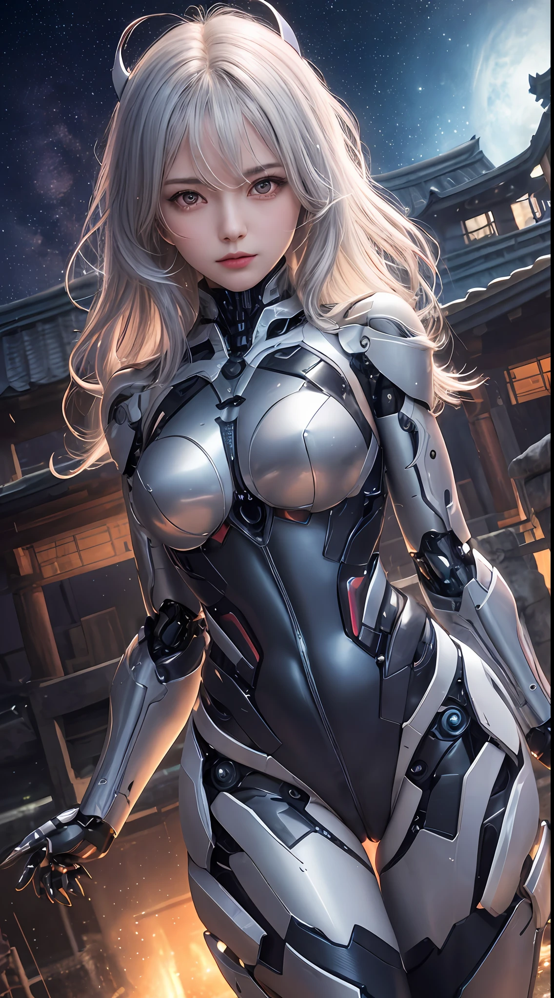 cowboy shot, caustics,reflection,ray tracing,demontheme,nebula,dark aura,cyber effect, (1girl:1.4),solo,alone,mecha musume,mechanical parts, robot joints,single mechanical arm, headgear, mechanical halo,star halo,intricate mechanical bodysuit, mecha corset, kimono, full armor, very long hair,white hair, hair between eyes, multicolored hair, colored inner hair, red eyes,glowing eye,eye trail, random expressions,random action, ancient japanese architecture,pond, starry sky,skyline,