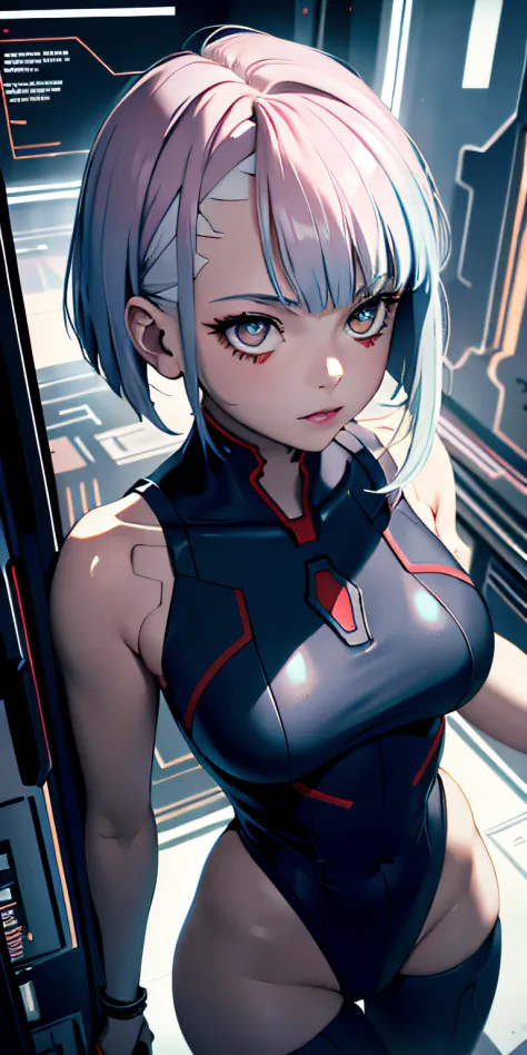absurd res, high res, (masterpiece:1.4), ultra-detailed, 1girl, from above, space, floating, /((lucy cyberpunk/)),