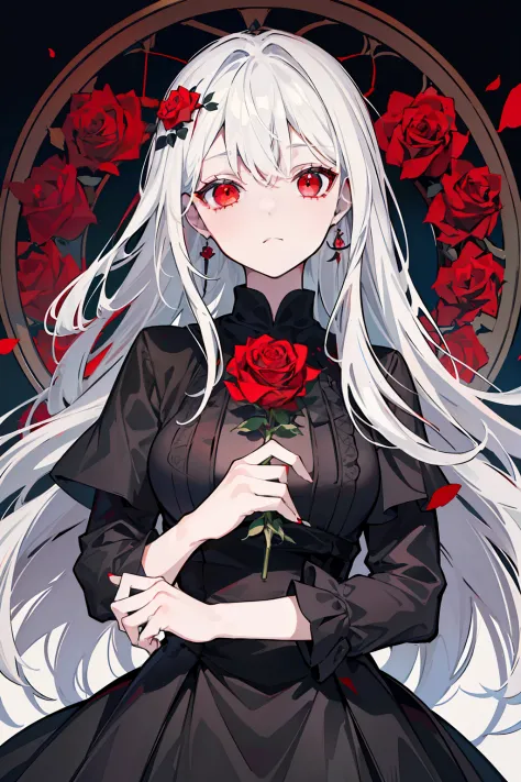 (best quality, masterpiece), (1girl, solo, black dress, standing , looking at viewer, white hair, red eyes, holding rose, closed...