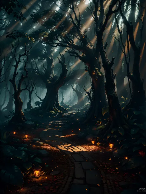 Masterpiece, Best quality, (Very detailed CG unified 8k wallpaper), Dynamic lighting, (Enchanting Dark Night Elf Forest), Dimly lit forest, louka, Bask in a dark and ethereal glow, highlighting every intricate detail, Add a fantastic quality to the scene, ...