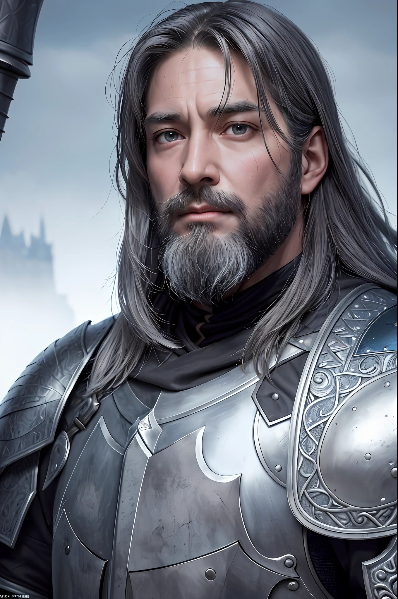 1girl, cinematic composition, slow motion, (medium shot of a medieval knight, sombre and weathered face, beard, grey hair:1.2), chain mail and plate armour, (realistic and detailed|intricate armour:1.1), (visible face:1.3), (photorealistic physiognomy|eyes|iris|skin|musculature, detailed skin, skin texture, natural skin), (holding a sword in his hand:1. 2), frontal perspective, imposing and determined pose, looking forward with determination, skin imperfections, natural skin wrinkles, natural skin spots, highly detailed clothes, abundant details, intricate details, realistic wrinkles in clothing, medieval fantasy landscape, cloudy sky, castle in the background in the distance, radiant lighting, deep shadows, dramatic scene, dark and cool colour palette, blue and grey tones, No other characters in the scene, abundant detail|intricate, detailed landscape, volumetric lighting, (detailed lighting), (detailed light reflections on armour:1. 1), 8k, highly detailed, UHD, HDR, photorealistic facial expression|hairstyle