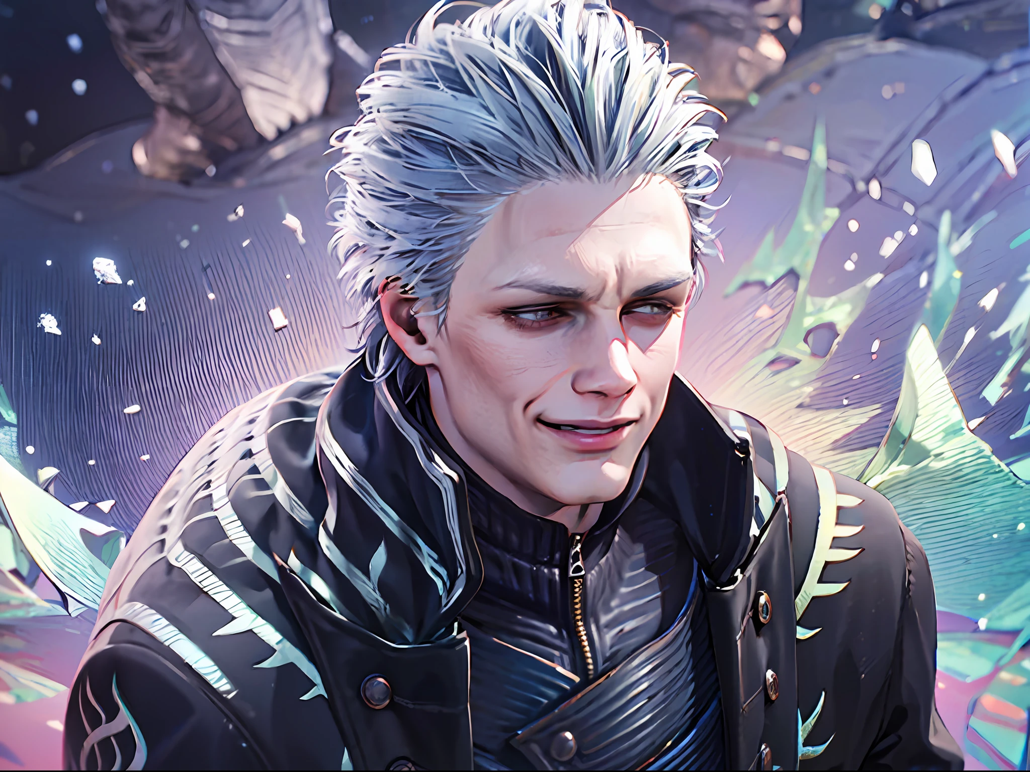 1boy,  jacket, Leather, male_focus, Realistic,  snowing, 独奏, White_Hair, zipper,Detailed body,Detailed hands,Detailed Face,vergil,Smiling,