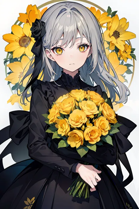 (top quality, masterpiece), (1 girl, solo, black suit, standing, watching viewer, gray hair, yellow eyes, mouth closed, upper bo...