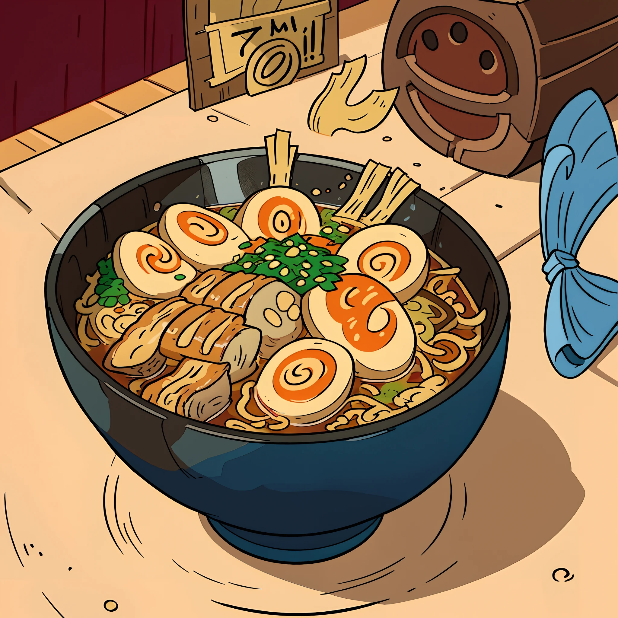 close de uma deliciosa tigela de ramen em uma mesa de cozinha, ilustração detalhada, desenho animado, no estilo das quedas gravitacionais,