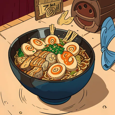 up close shot of a delicious bowl of ramen on a kitchen table, detailed illustration, cartoon, in the style of gravityfalls,