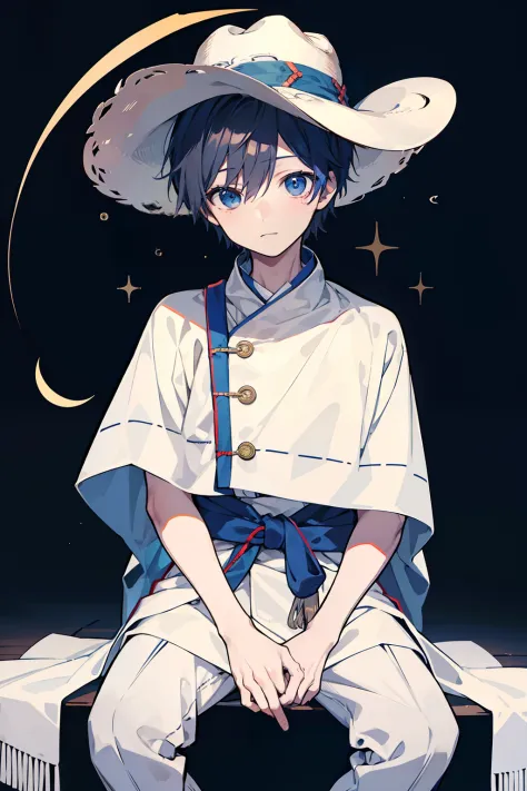 One Boy Sitting on a Crescent Moon、Dressed in national costume、Dressed in a traditional poncho、Wearing a cowboy hat、mash、