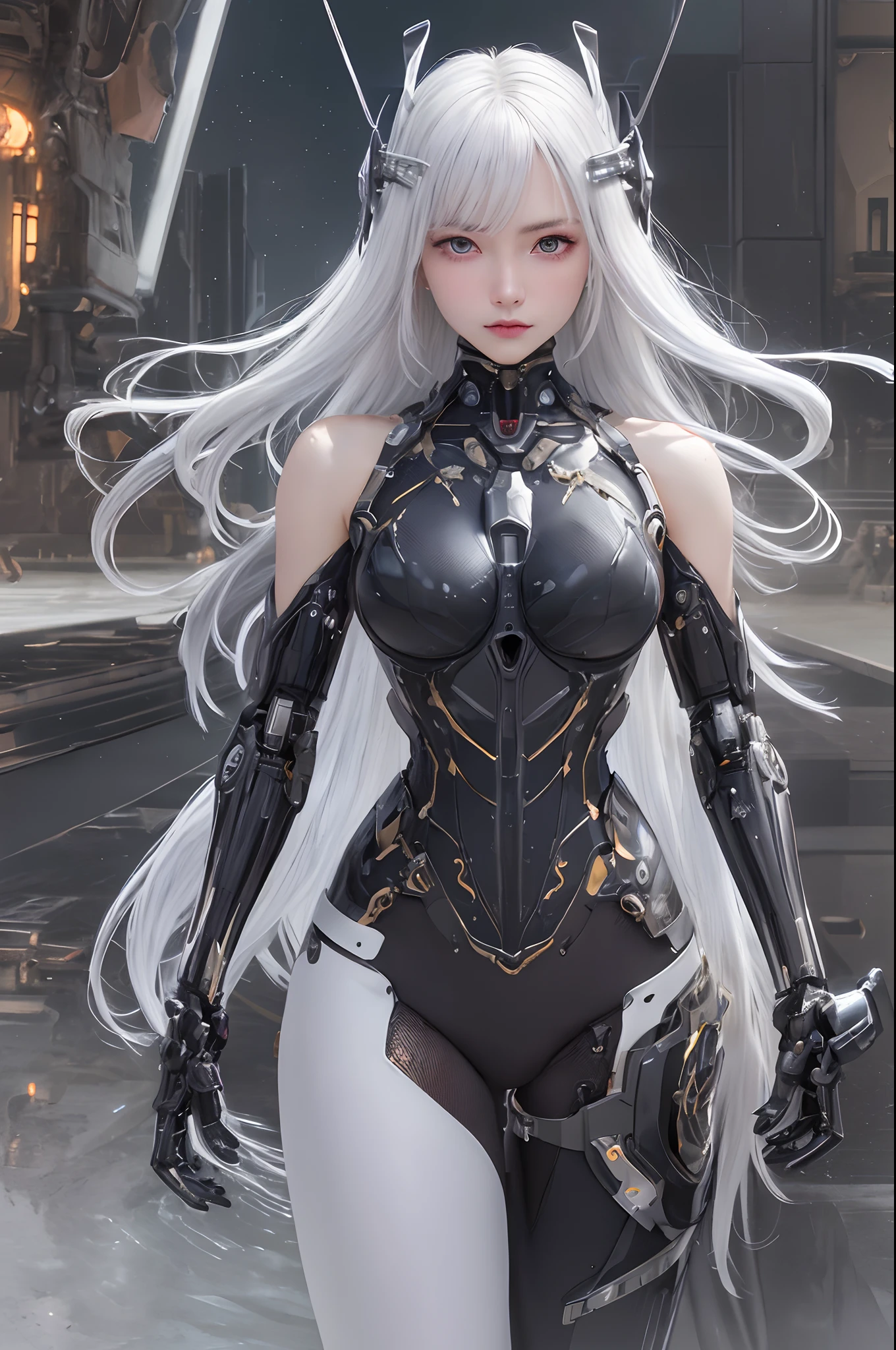 masterpiece,best quality,ultra-detailed,very detailed illustrations,extremely detailed,intricate details,highres,super complex details,extremely detailed 8k cg wallpaper,cowboy shot, caustics,reflection,ray tracing,demontheme,nebula,dark aura,cyber effect, (1girl:1.4),solo,alone,mecha musume,mechanical parts, robot joints,single mechanical arm, headgear, mechanical halo,star halo,intricate mechanical bodysuit, mecha corset, full armor, very long hair,white hair, hair between eyes, multicolored hair, colored inner hair, red eyes,glowing eye,eye trail, random expressions,random action, ancient japanese architecture,pond, starry sky,skyline,