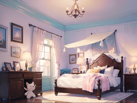 (masterpiece), best quality, ultra high res, detailed architecture, detailed structure, detailed furniture, (warm pastel color), bedroom, colorful bedroom, flowers, (in the morning time:1.2), plushies on the bed