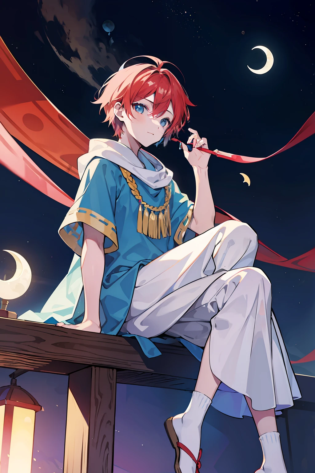 One Boy Sitting on a Crescent Moon、Dressed in national costume、Dressed in a traditional poncho、mash、Magic Carpet、Physical education sitting