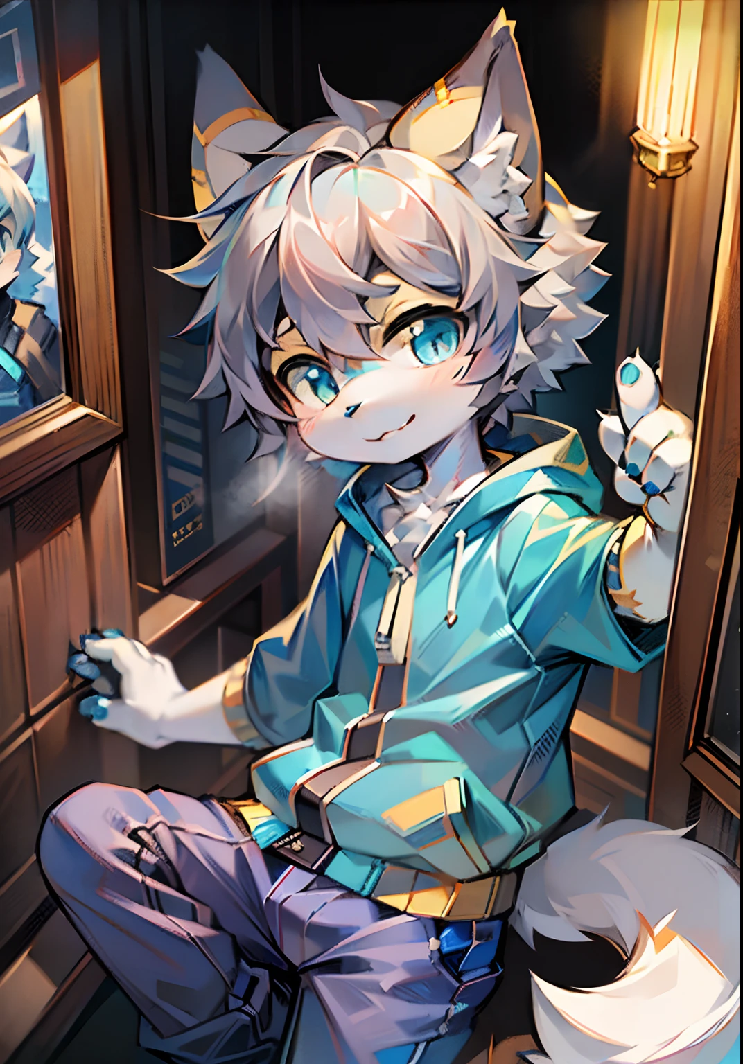 Bright eyes, character bust photo, Q version, avatar frame, character focus, solo, furry, furry male cat, male yellow-white fur, blue eyes, gray hair (long) loli style, little cute, will sell cute, wearing blue clothes and pants, has a tail