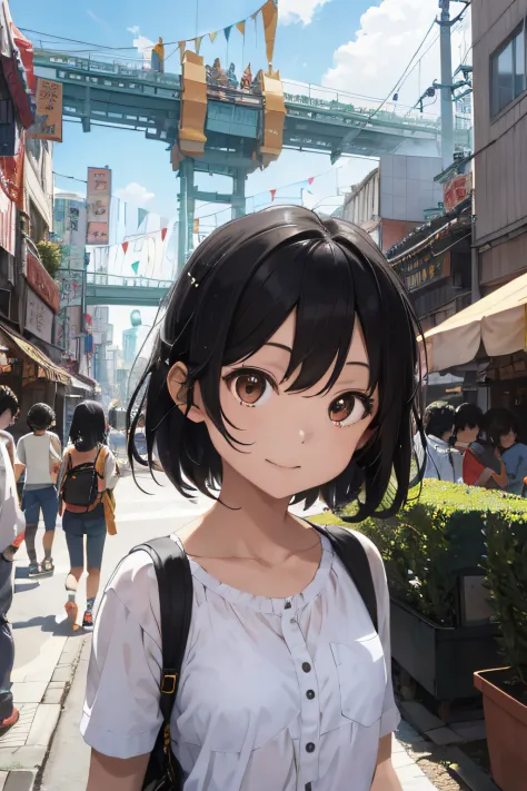 hoang lap，A high resolution，ultra - detailed，（1girll：1.3）， sunder ，Depicts scenes featuring Tokyo street style，Has short black hair、Expressive faces、Lovely costumes and playfulness、Enchanting atmosphere。 sunder ，Illustrate double-exposure images，Combine tw...