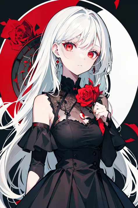 (best quality, masterpiece), (1girl, solo, black dress, standing , looking at viewer, white hair, red eyes, holding rose, closed...