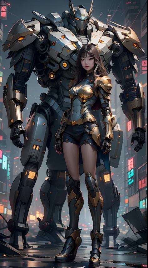 Boutique,best quality,Gold jewelry,(slip out feet),Fairy skin,(Fidelity :1.2),Standing,Super Detailed,realistic,High quality,Movie Light,Ray tracking,Ultra HD,Upper body
Girl in armor and cape  standing next to giant robot, Guweiz style artwork, CyberPunk ...