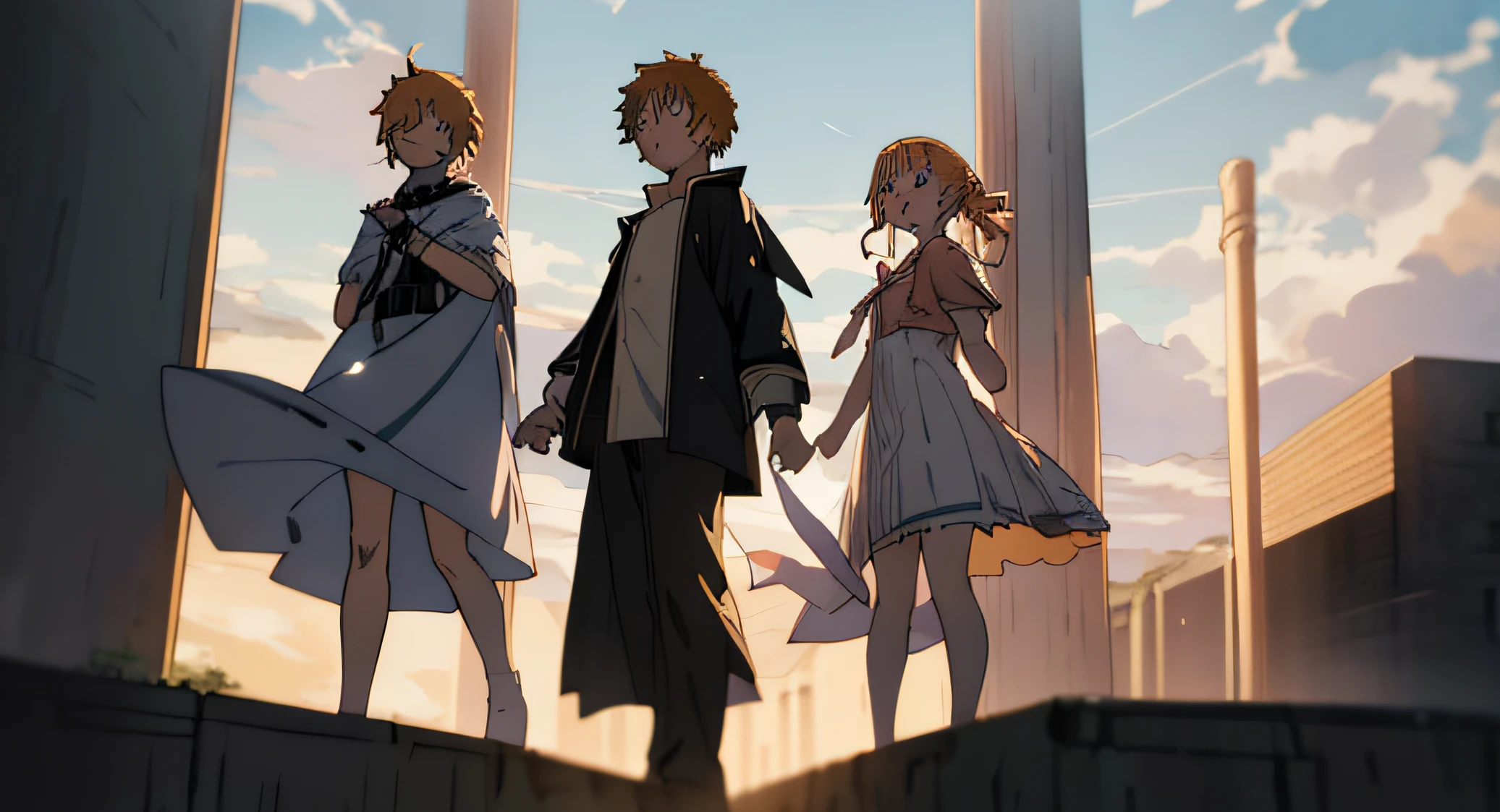 3 anime characters in front of a building with columns, denji kirito e asuna. cena de anime. otima qualidade