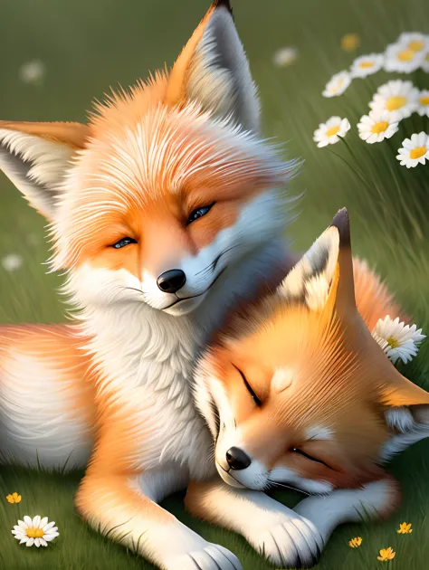 beautiful fox，opening eyes，ssmile，grassy，Flowers and good lighting，Intimate with a wolf