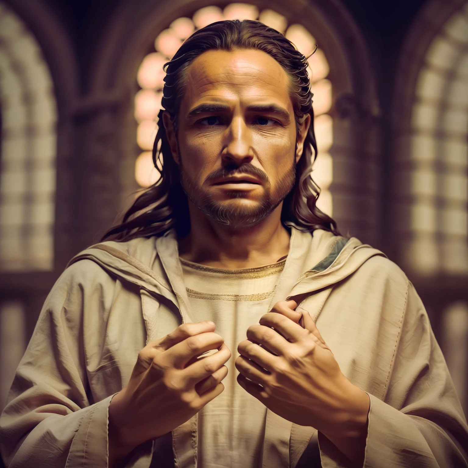 Foto realista premiada de Jesucristo (mirando al cielo: 1.3), Expresión que transmite una sensación de satisfacción y victoria., 4K hiperdetallado, Manos entrelazadas en oración, afilado, Imagen brillante