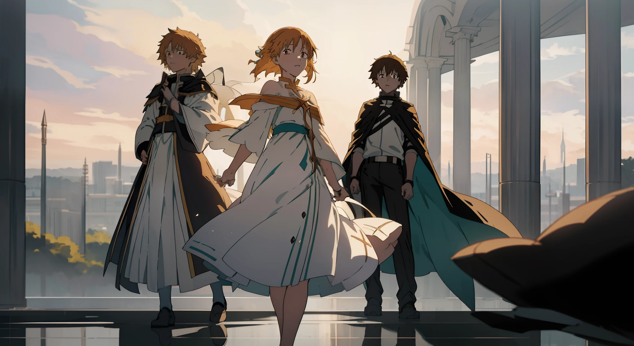 3 personajes de anime frente a un edificio con columnas, denji kirito e asuna. cena de anime. óptima calidad. calidad perfecta. La mejor Quyaldiade posible. detallado. rostos detallados. fotograma clave de anime. Mejor escena de anime. calidad perfecta. rostos detallados. corpos detallados. fundo detallado