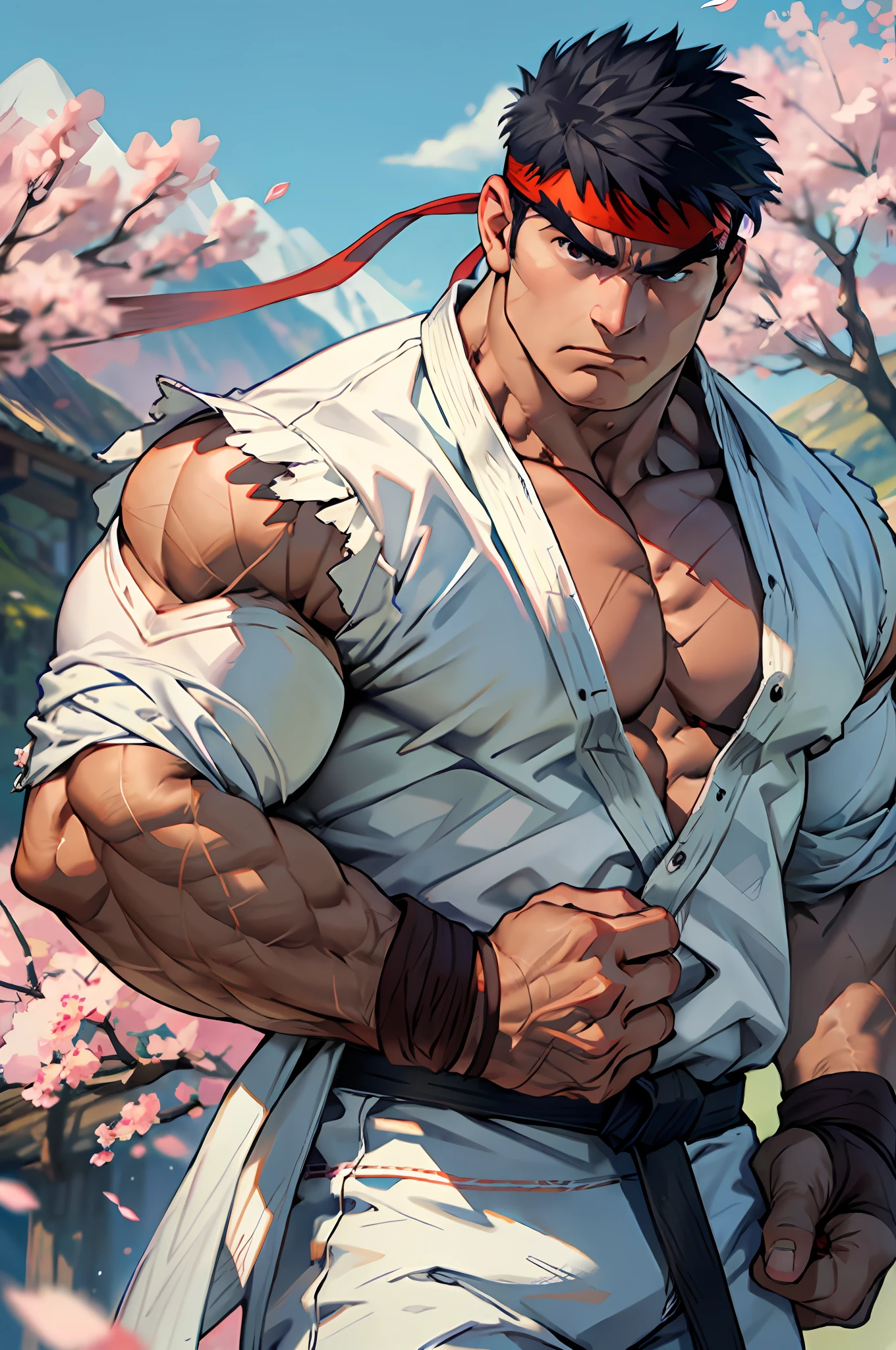 (masterpiece, best quality:1.2), cowboy shot, solo, male focus, 1boy, ryu \(sf\), middle age, serious, determined face, white skin, looking at viewer, black hair, detailed face, tall, hunk, muscular, wide shoulder, big physique, scars, wearing big white Dougi, new white Dougi shirt, white Dougi pant, red headband, fingerless gloves, blue aura, cherry blossom in the background, high detailed