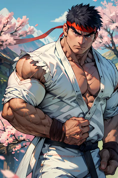 (masterpiece, best quality:1.2), cowboy shot, solo, male focus, 1boy, ryu \(sf\), middle age, serious, determined face, white sk...