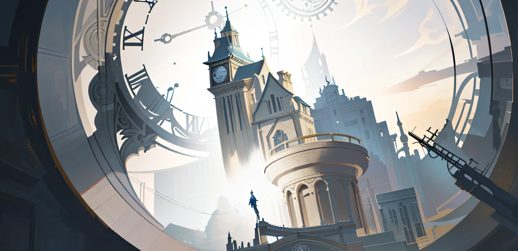 In one building there is a bell tower，There is a clock on it,  ornate border + concept-art, in steampunk cityscape, background artwork, painted as a game concept art,Stylized urban fantasy artwork,the clock tower, flintlock fantasy capital city