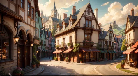 "beautiful houses in Art Nouveau style, ((paved road)), beautiful cafe in the background, magic shops, town square, breathtaking...