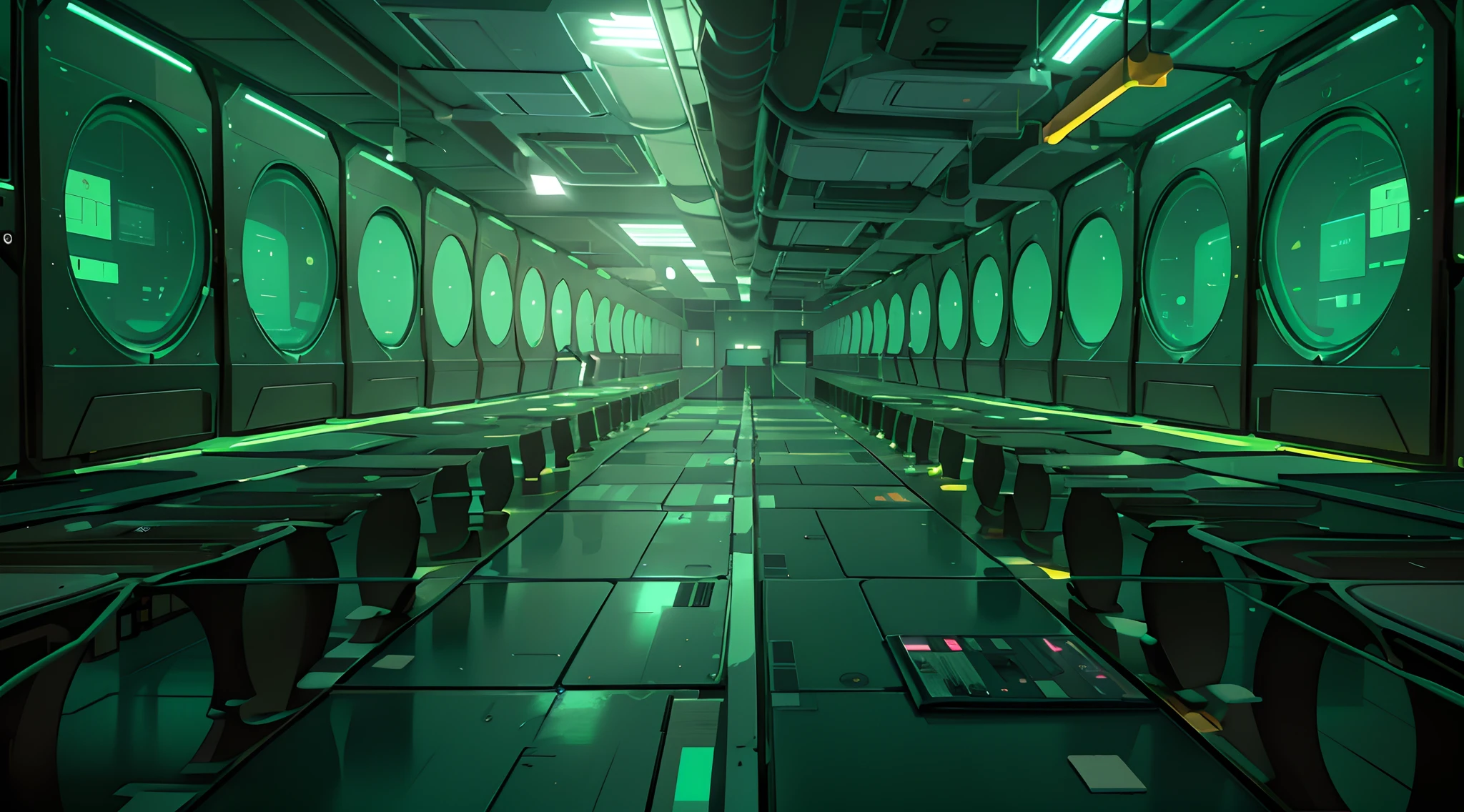 A dimly lit corridor，There are rows of data and computer screens，background is data server room，Hacking mainframes，cyber space，in realistic data center，3840x2160，3840 x 2160，Spaceship corridor background，Network architecture，surreal cyberspace，in detailed data center  ，green colored theme