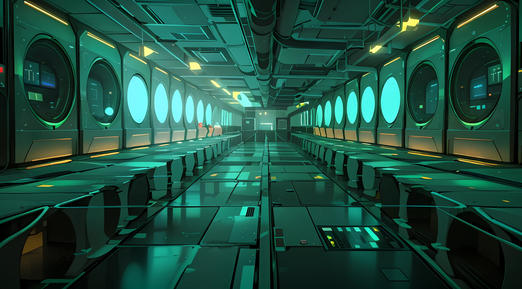 A dimly lit corridor，There are rows of data and computer screens，background is data server room，Hacking mainframes，cyber space，in realistic data center，3840x2160，3840 x 2160，Spaceship corridor background，Network architecture，surreal cyberspace，in detailed data center  ，green colored theme