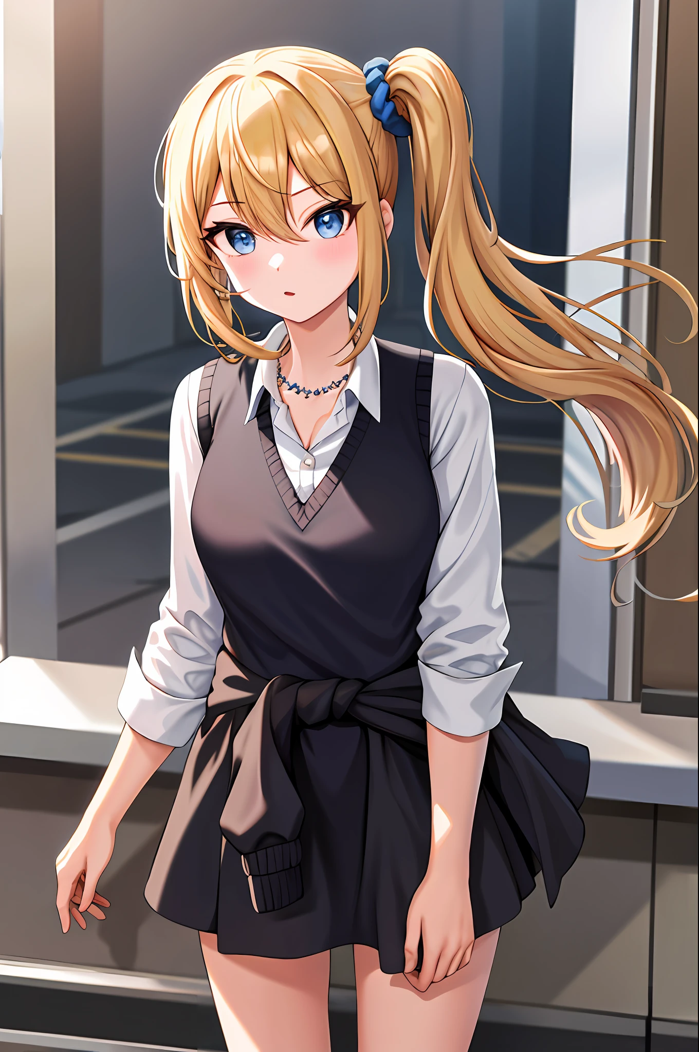 masterpeace, best quality, highres, 1girl, solo, hayasaka ai, blue scrunchie, side ponytail, hair between eyes, blue eyes, blonde hair, hair ornament, breasts, school uniform, collared shirt, hair scrunchie, clothes around waist, bangs, black socks, black vest, long hair, long sleeves, cardigan, sidelocks, kneehighs, dress shirt, necklace, collarbone, black dress, jewelry, sweater, cowboy shot, standing,