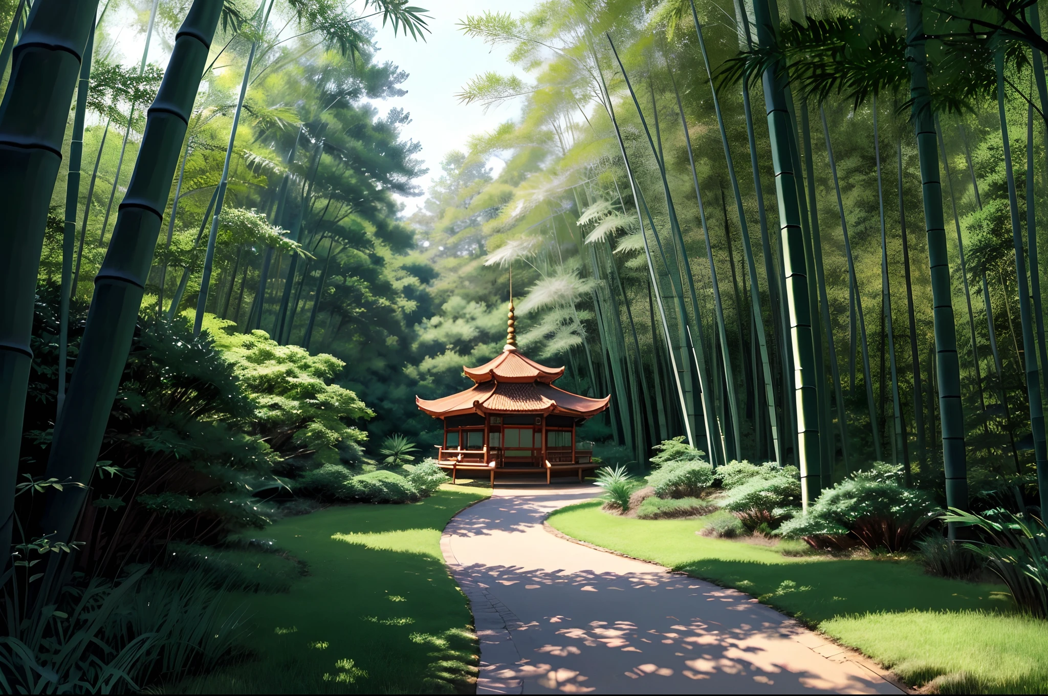 { {best qualtiy}}、{ {tmasterpiece}}、{ {ultra - detailed}}、{illustratio}、{Detailed light}、{Extremely Delicately Beautiful} Love Day in Forest Architecture，bamboo forrest，Close-up bamboo，There is a small pavilion in the middle of a path in the woods, digital painting of a pagoda, drawn in anime painter studio, beautiful anime scenery, anime beautiful peace scene, anime lush john 8k woods, Anime Nature, made with anime painter studio, quiet and serene atmosphere, Anime landscape, Anime landscapes, Tranquil lush forest, Anime background art