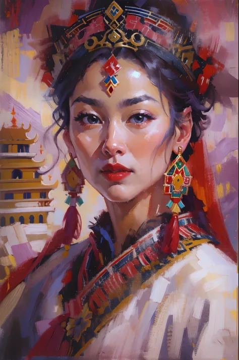Potala Palace in Tibet，Beautiful Tibetan girl，Tibetan costumes，White hada in hand，Dance，cabelos preto e longos，Sexy and seductive red lips，closeup cleavage，Close-up strengthened，portraitures，oil painted，inks，acrycle painting，tmasterpiece，Renaissance style，...