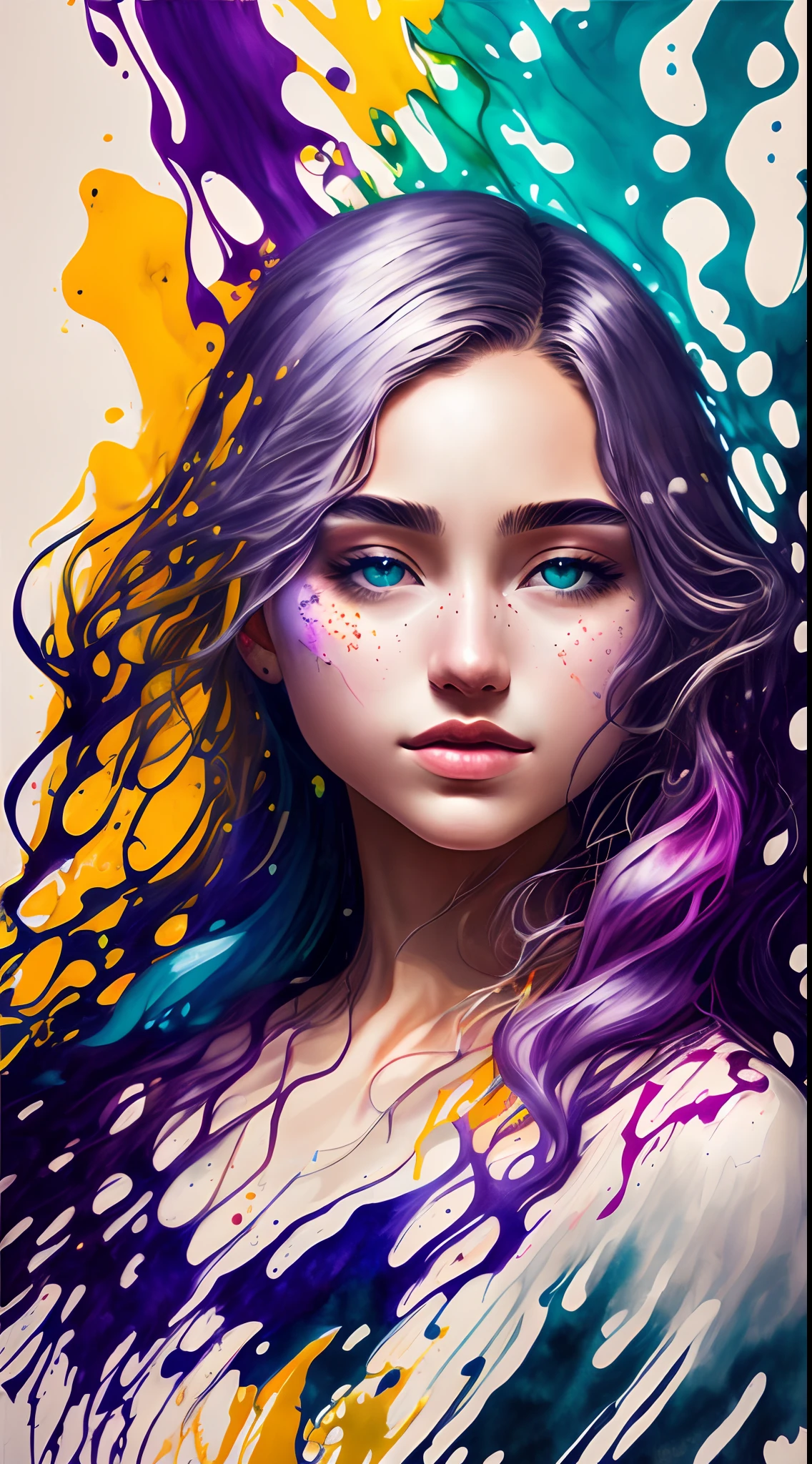 Beautiful colorful girl: an 18-year-old giru, messy hair, oil painting, perfect face with soft skin and perfect face, blue yellow colors, light purple and violet additions, light red additions, intricate details, home screen, 8k resolution, masterpiece, beautiful face, artstation soft digital painting black ink flow: 8k resolution Photorealistic masterpiece:  Intricately detailed fluid gouache painting: by Jean Baptiste Mongue: calligraphy: acrylic: watercolor art, professional photography, natural lighting, volumetric lighting Maximalist photoillustration: by Marton Bobzert: , complex, elegant, expansive, fantastic, wavy hair, vibrant