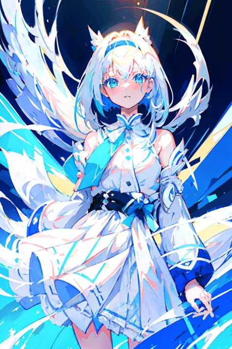 anime girl with white hair and blue eyes in a white dress, white haired deity, digital art on pixiv, white dress!! of silver hai...