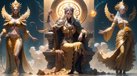 Three statues of women in golden clothes sitting on a throne, arte fantasia behance, O Deus Imperador da Humanidade, Vencedor do...