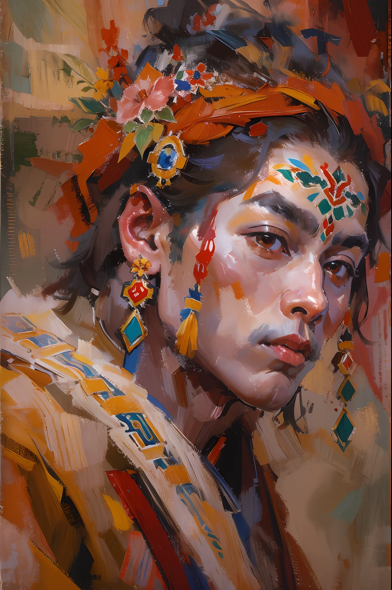 西藏布达拉宫，帅气的藏族男孩，藏族服饰，热情的，舞蹈，黑色长发，脸红，油彩，油墨，丙烯画，杰作，文艺复兴风格，最好的品质，高分辨率，超细，眼睛详细，面详细，头发细节，准确的，清晰的眼部聚焦特写