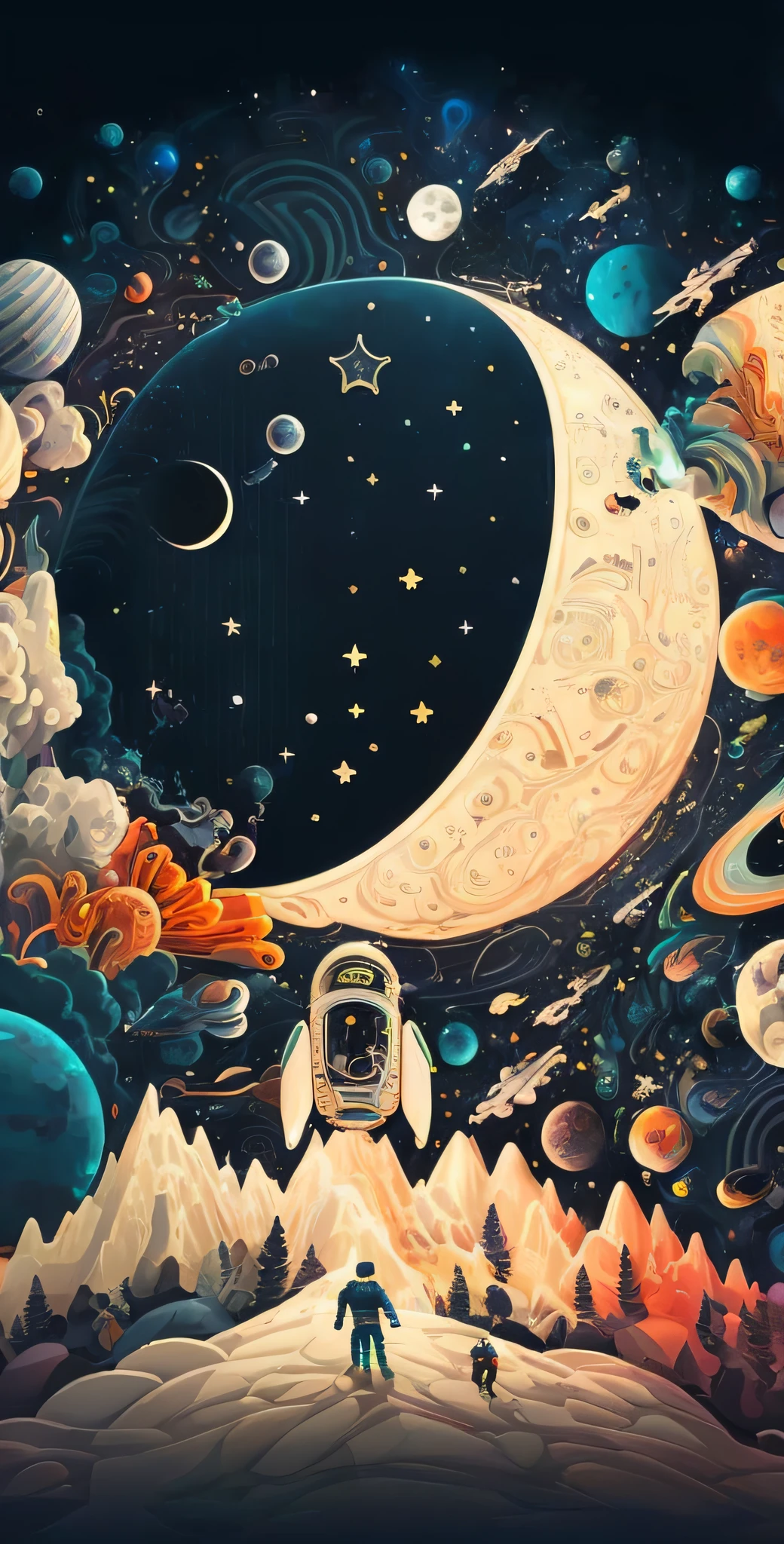 Una pintura de un hombre parado frente a una luna gigante., arte espacial, viajes espaciales, viajes espaciales, espacio, fondos de pantalla increíbles, cosmic espacio, solo una broma, Surreal espacio, paisaje onírico detallado, painting of ornate espacio ship, Ilustraciones psicodélicas, arte surrealista psicodélico, gran arte digital con detalles, beautiful espacio, espacio themed, cosmic espacio, espacio theme, escena espacial