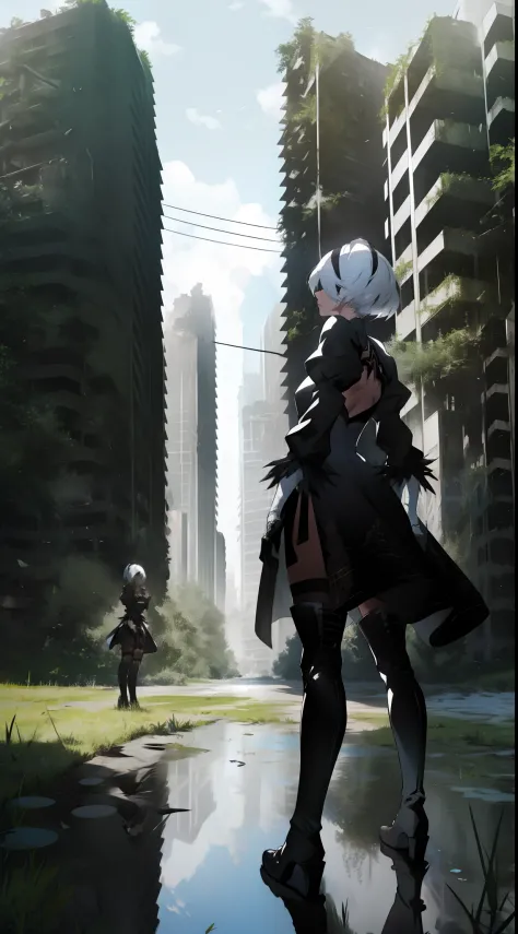 yorha no. 2 type b, 1girl, absurdres, black blindfold, black dress, black hairband, blindfold, blue sky, boots, building, city, ...