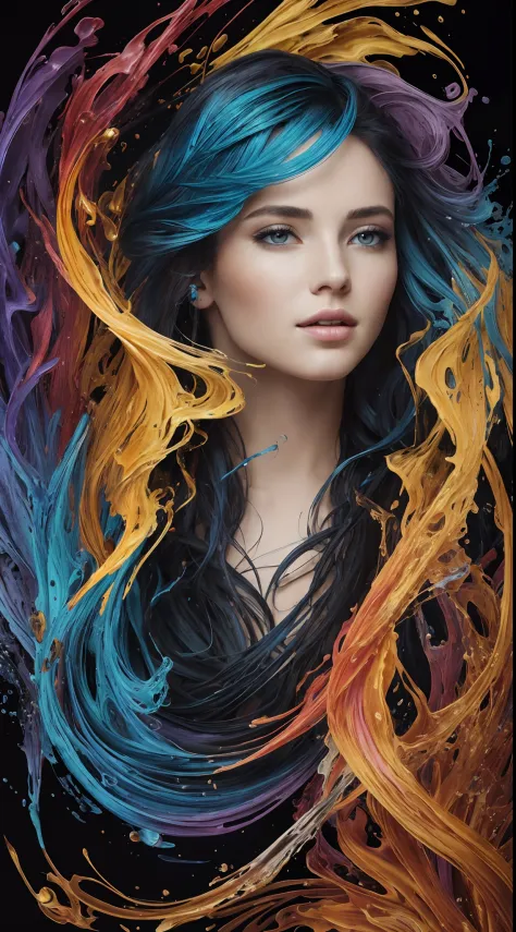 Colorful beautiful girl: a giru 28-years old, messy hair, oil painting, nice perfect face with soft skinice perfect face, blue yellow colors, light purple and violet additions, light red additions, intricate detail, splash screen, 8k resolution, masterpiec...