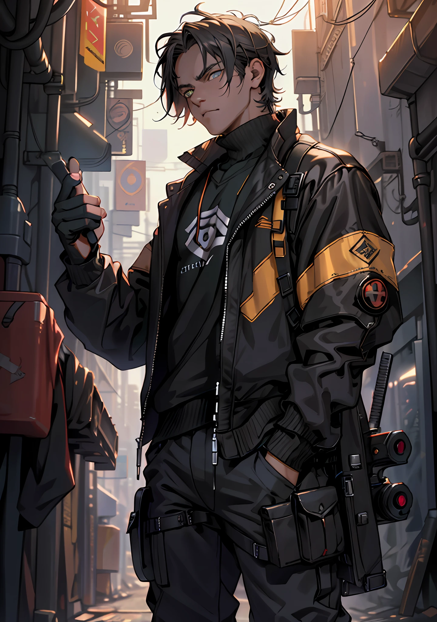 ultra detail, high resolution, ultra detailed, best quality, amazing, top quality, extremely detailed CG unity 8k wallpaper, cinematic lighting, cat fanboy, cyberpunk, dark boy, Short hair to the nape, centre parting hair, Hands in pants pockets, gun, gun hand, five fingers, (Tapetum lucidum eyes)
