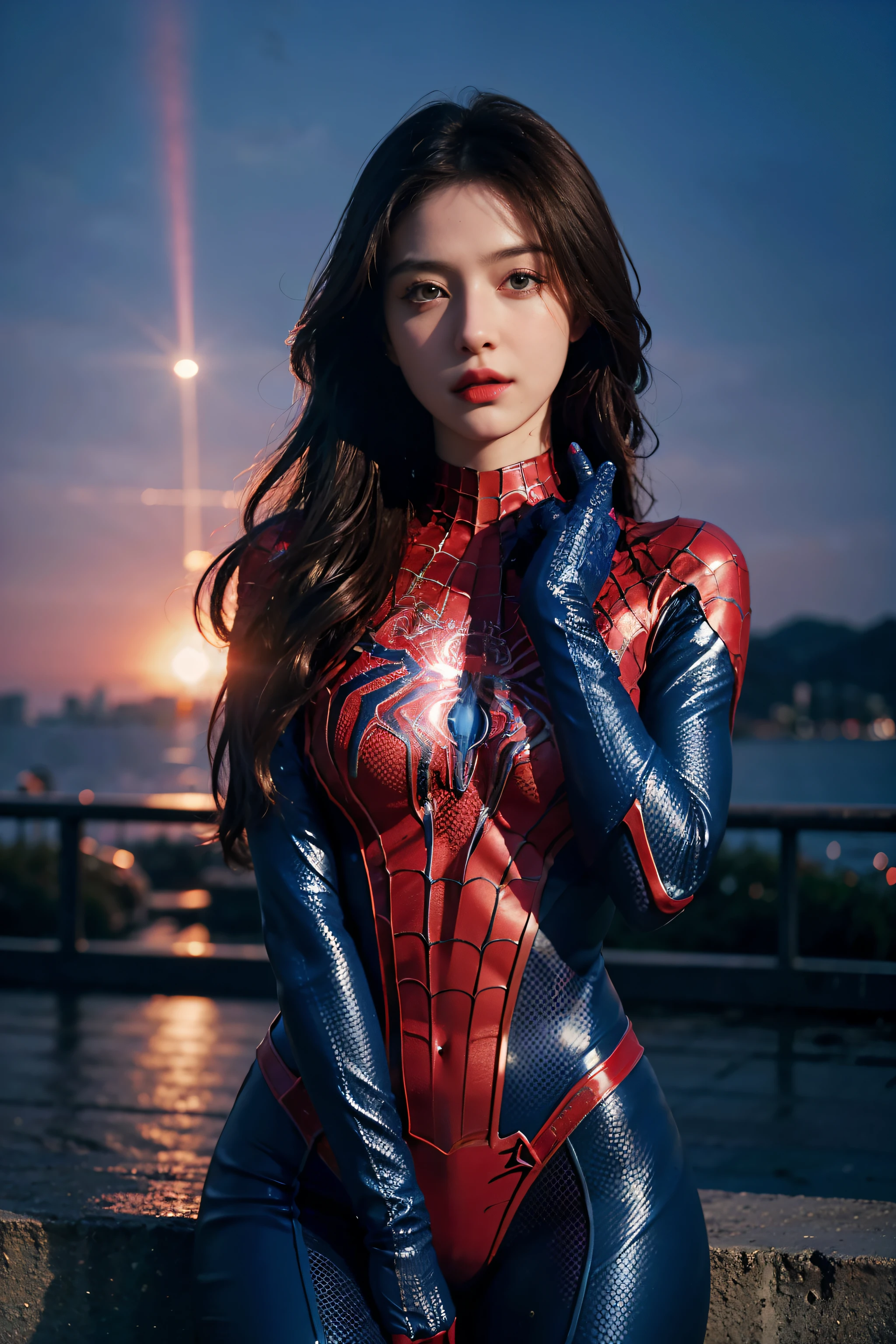 (wearing spiderwoman_cosplay_outfit:1.1), in front of a sky, (red and blue outfit:1.3),
good hand,4k, high-res, masterpiece, best quality, head:1.3,((Hasselblad photography)), finely detailed skin, sharp focus, (cinematic lighting), night, soft lighting, dynamic angle, [:(detailed face:1.2):0.2], medium breasts, outside,