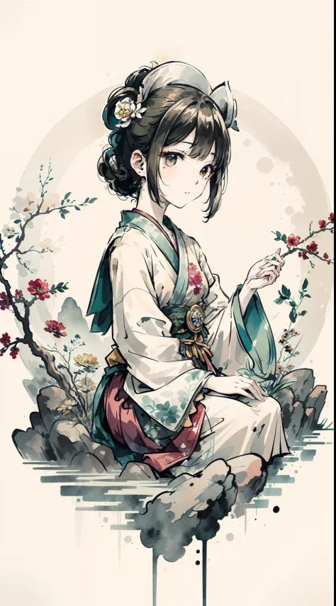 （Master masterpieces，high qulity，Very detailed，Perfect artwork，CG），（ink wash style：1.5），Defocused，kinds of colors,The art of paper，illustration，white background, scenery,one-girl，Oriental elements，vanity table，mirror surface