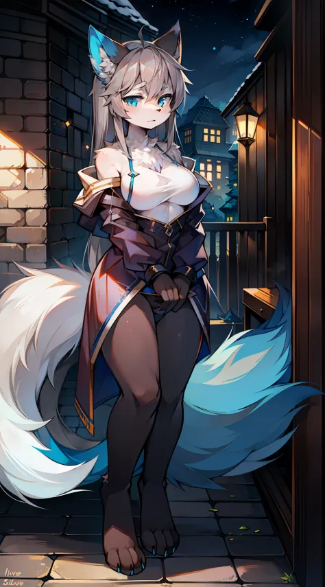 Big-tailed wolf，blue color eyes，Gray hair，no outfit，Fluffy，