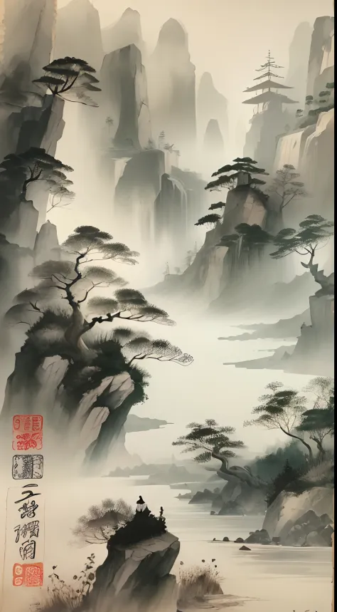 ink and watercolor painting，Draw on rice paper，Use thick and light ink to create light and dark variations and layers，Pick the right ink color，Such as deep black、Thick gray、Light coffee, etc，to express different situations and atmospheres，Control the gradi...