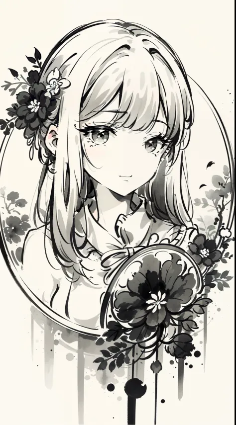 （Master masterpieces，high qulity，Very detailed，Perfect artwork，CG），（ink wash style：1.5），Defocused，black and white,The art of paper，illustration，white background, scenery,one-girl，Oriental elements，vanity table，mirror surface