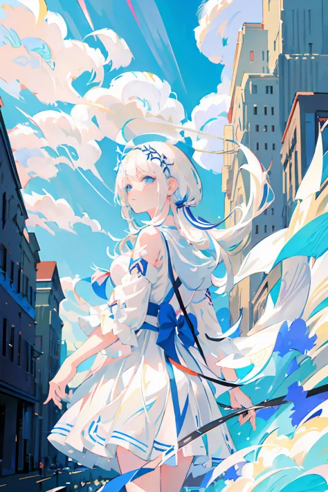 Anime girl with white hair and blue eyes in a white dress, white haired god, Digital art at Pixiv, White Dress!! of silver hair,...