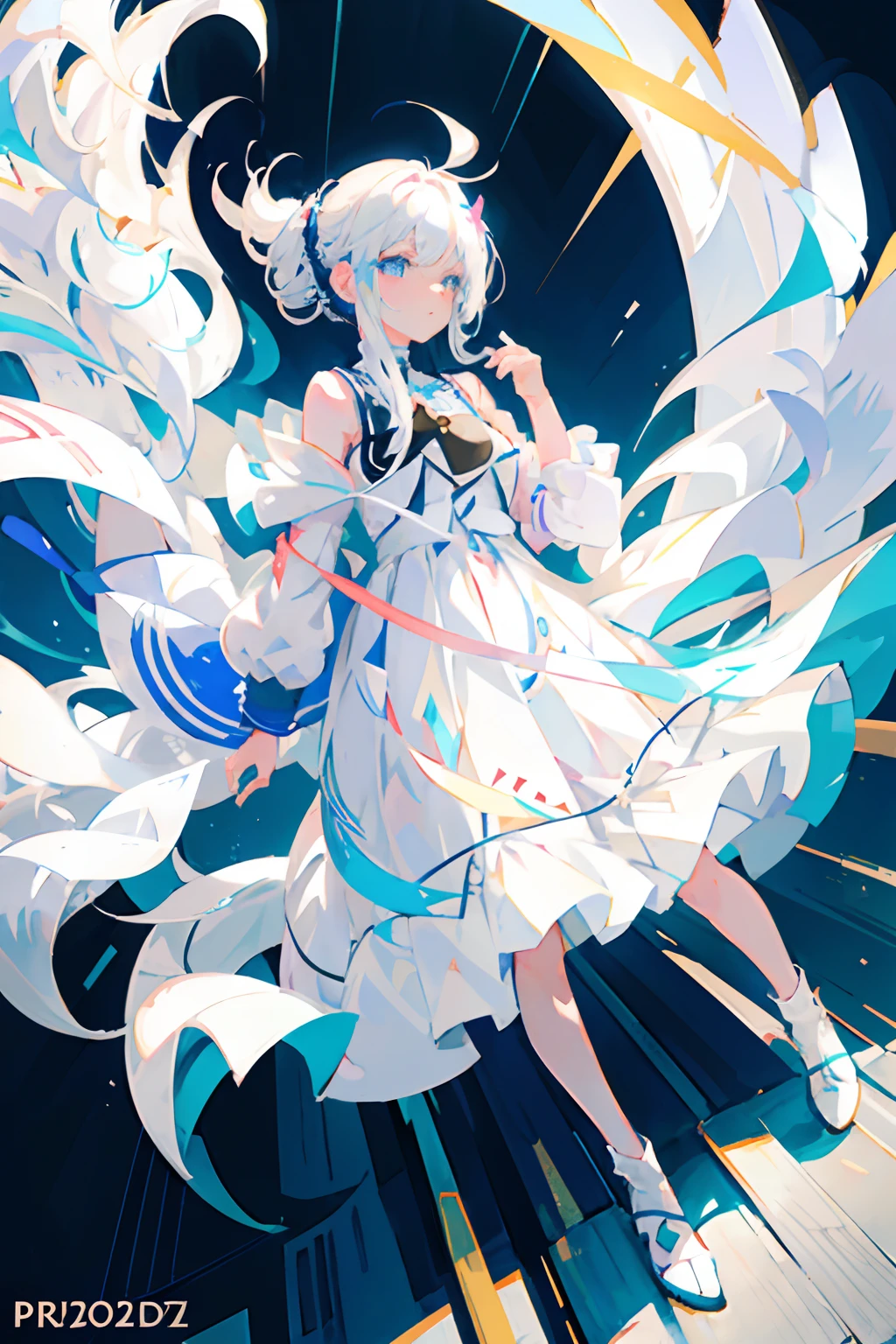 Anime girl with white hair and blue eyes in a white dress, white haired god, Digital art at Pixiv, White Dress!! of silver hair, Trending in ArtStation pixiv, guweiz on pixiv artstation, zerochan art, Pixiv Contest Winner, guweiz on artstation pixiv, pixiv, beautiful anime artwork, official artwork