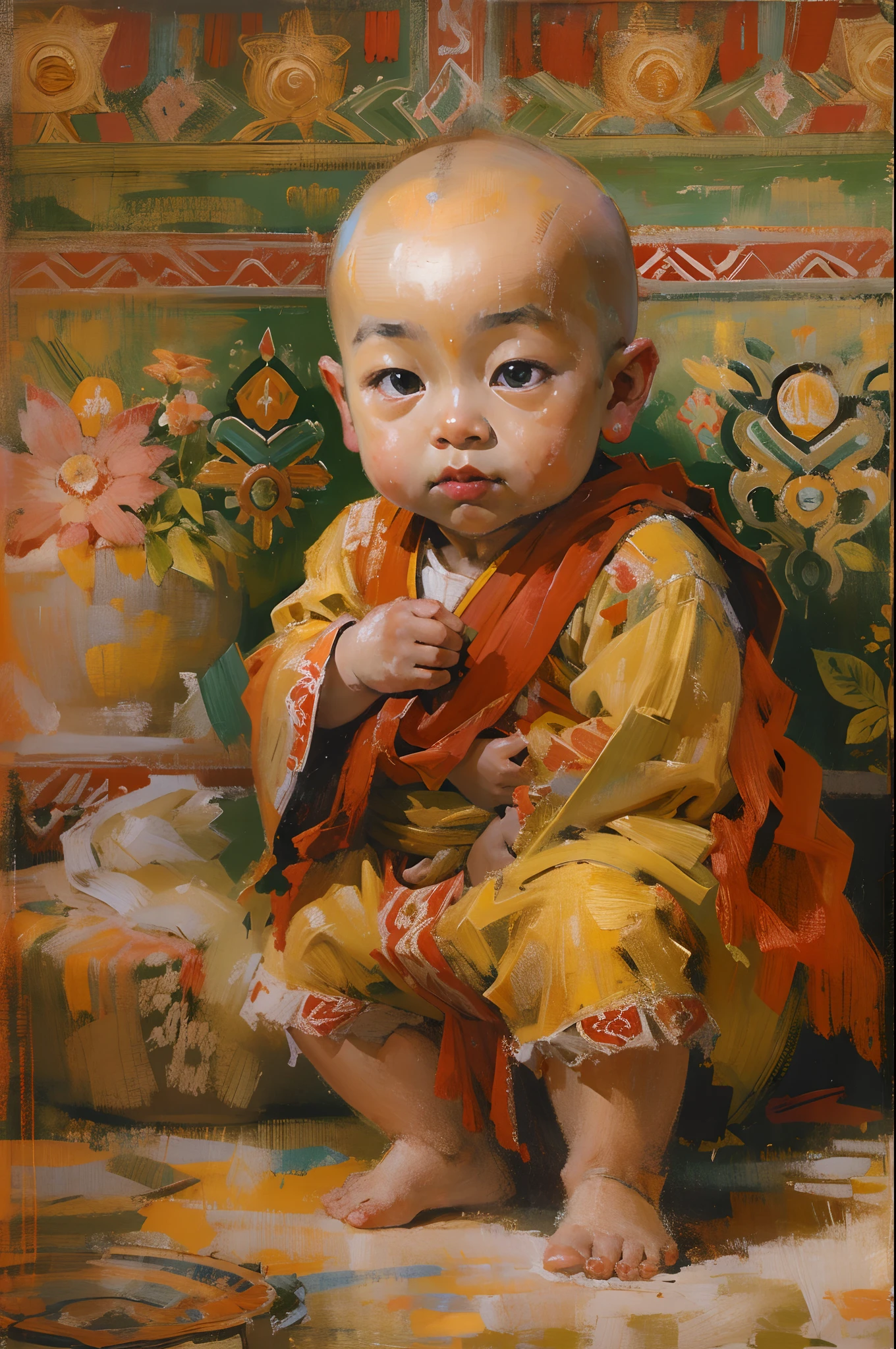 Potala Palace，Cute cute and serious baby boy living Buddha，Tibetan Buddhist costumes，bald-headed，Buddha，Sit cross-kneeled，Red face，and the sun was shining brightly，Buddhist Hall，oil painted，inks，acrycle painting，tmasterpiece，Renaissance style，best qualtiy，A high resolution，super-fine，Eyes detailed，Face detailed，hair detail，Accurate，Clear eye focus close-up